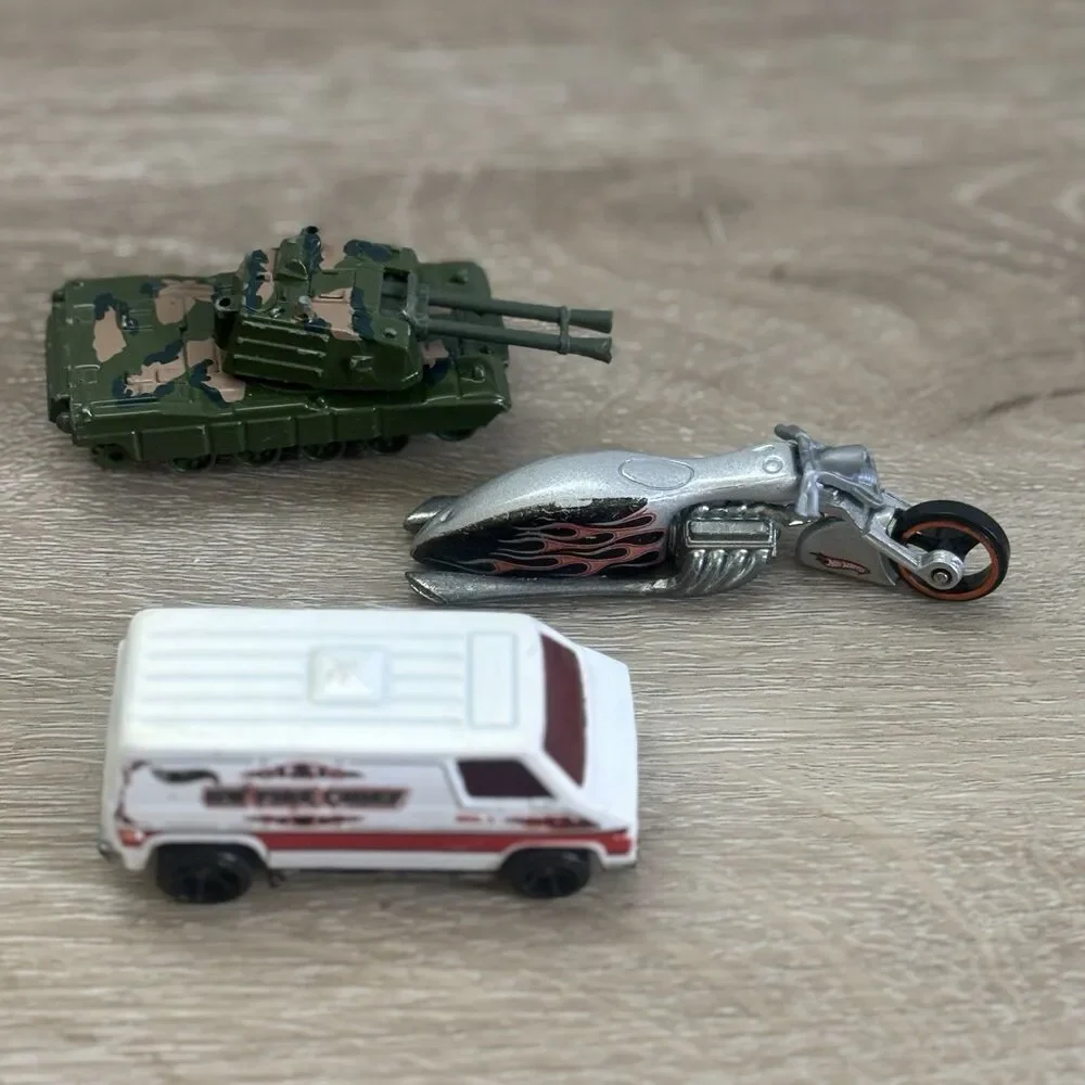 Hot Wheels Lot of 3: Fire Chief Van, Flame Motorcycle & Military Tan
